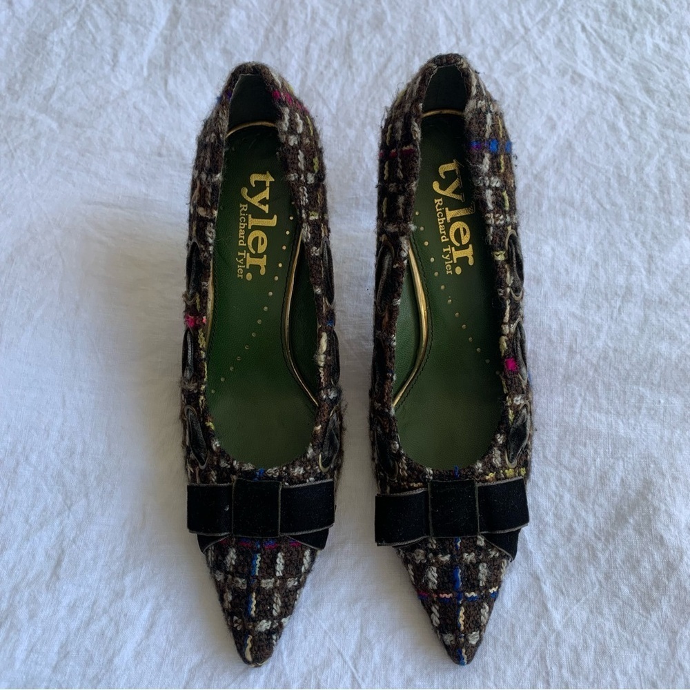 Vintage Richard Tyler Tweed Wool Brown Plaid Tartan Velvet Bow Ribbon Heels Y2K